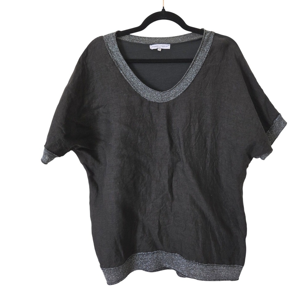 Tempo Paris Womens XL Top Black Linen Front Cotton Back Metallic Trim Made Italy